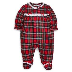 NWT Little Me Baby Girls Long-Sleeve Holiday Plaid Bow-Trim Footed Sleeper 6 mo